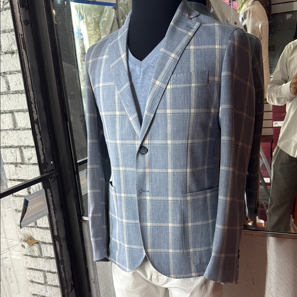 Blue and White Sport Coat with Windowpane Pattern